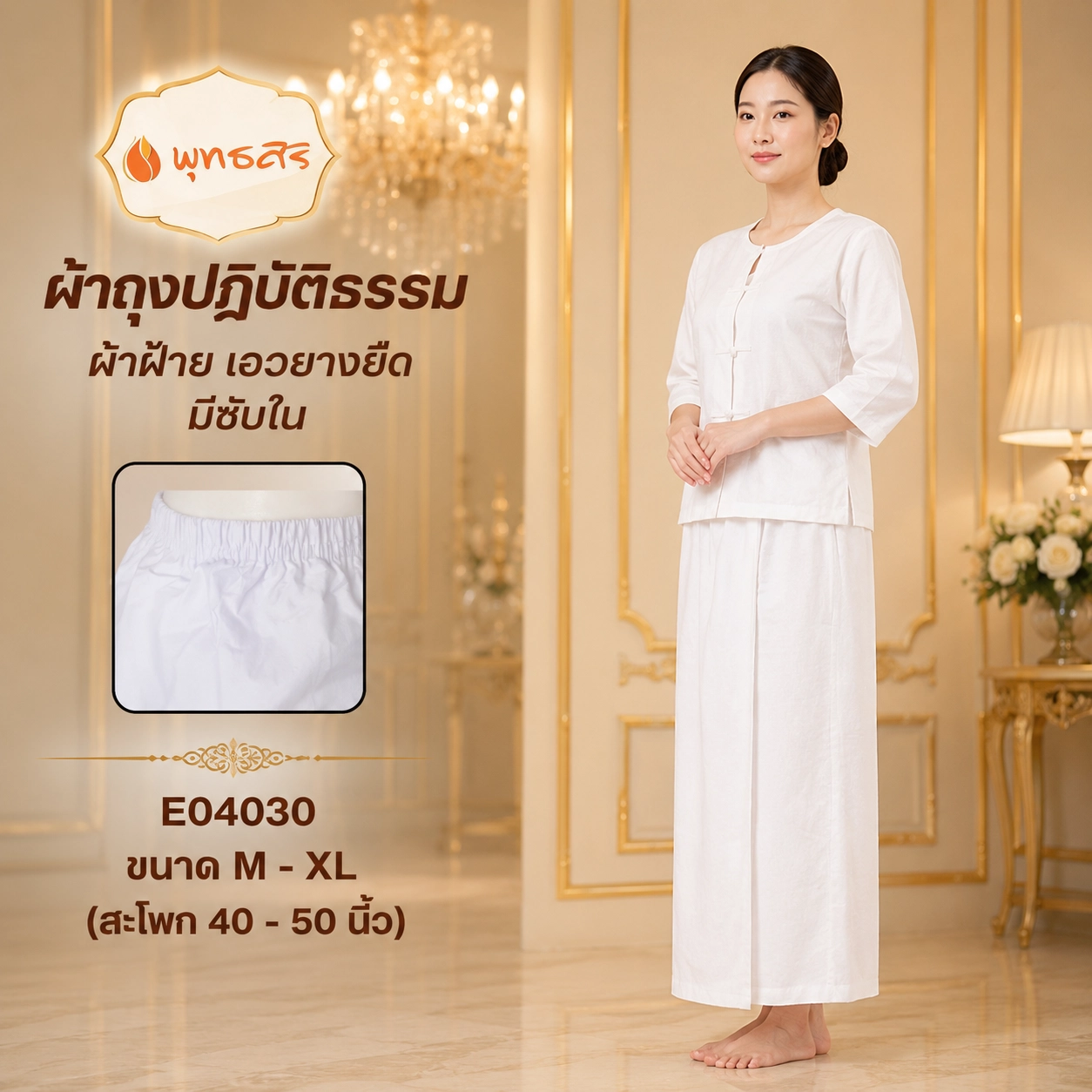 พุทธศิริ ผ้าถุงสตรีสีขาว EN4030 ผ้าฝ้ายไม่บาง เอวยางยืด ทรงป้ายทบ 2 ชั้น ด้านหลังมีซับใน ใส่สบาย สำหรับปฏิบัติธรรม - Image 2