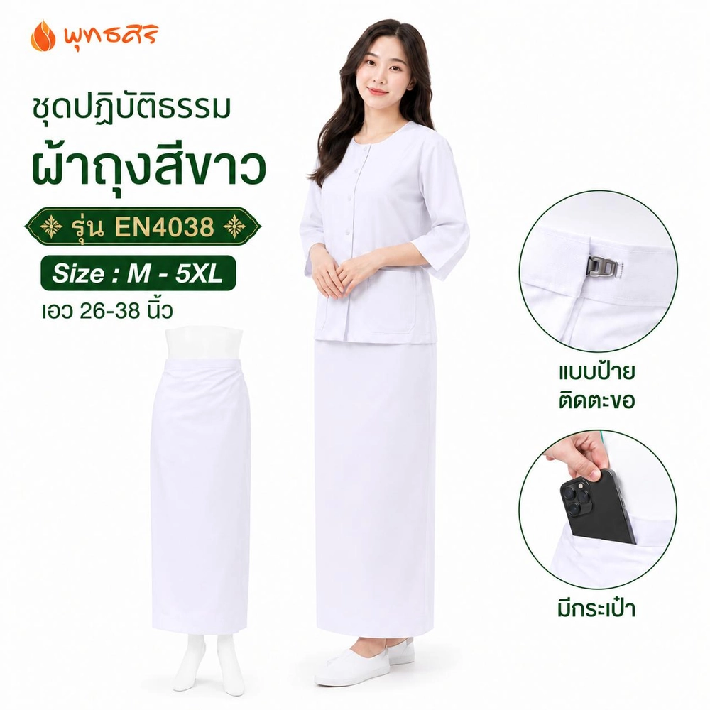 พุทธศิริ ชุดปฏิบัติธรรม ผ้าถุงสำเร็จผ้าสแปนเด็กซ์ มีซับใน มีกระเป๋า เรียบลื่น สีขาวสว่าง EN4038