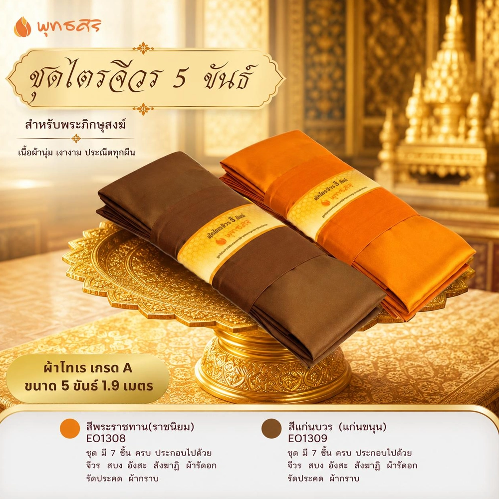 พุทธศิริ ผ้าไตรจีวร 5 ขันธ์ เนื้อผ้าโทเรขนาด 1.9 เมตร EO1308 EO1309