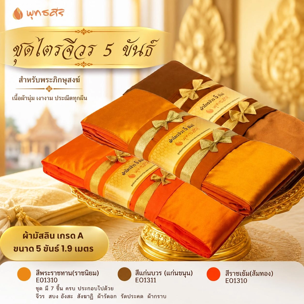พุทธศิริ ผ้าไตรจีวร 5 ขันธ์ เนื้อผ้ามัสลิน ขนาด 1.9 เมตร EO1310, EO1311