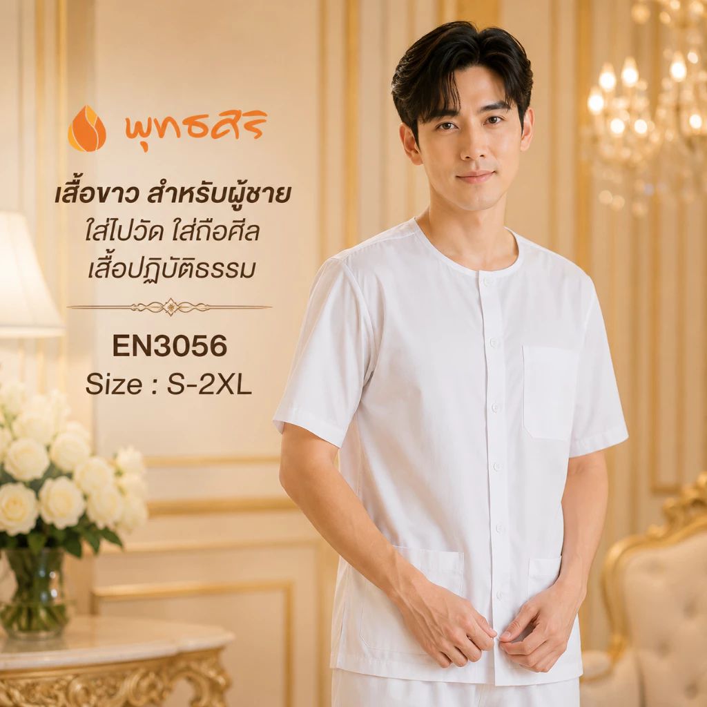 พุทธศิริ ชุดปฏิบัติธรรม EN3056 สำหรับผู้ชาย เสื้อแขนสั้น ผ้าฝ้ายใส่ไปวัด Man Clothing ผ้าไหม Shirt
