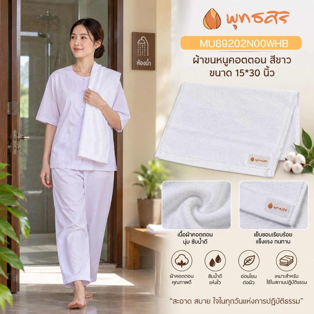 พุทธศิริ ผ้าขนหนู สีขาว ขนาด 15X 30 นิ้ว เนื้อผ้าคอตตอน 100% MU89202N00WHB **แพคสวยงาม** ผ้าเช็ดตัว ผ้าขนหนู ผ้าเช็ดหน้า สีขาว - Image 4
