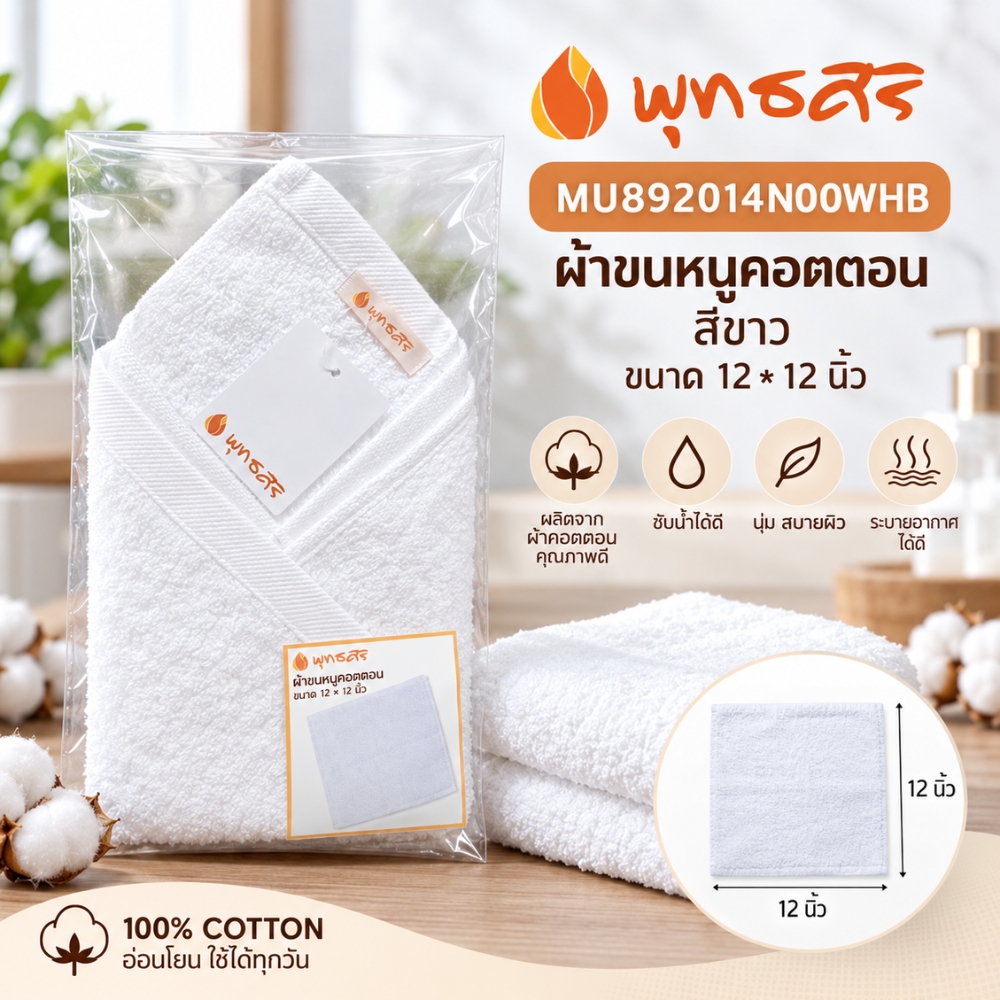 พุทธศิริ ผ้าขนหนู สีขาว ขนาด 15X 30 นิ้ว เนื้อผ้าคอตตอน 100% MU89202N00WHB **แพคสวยงาม** ผ้าเช็ดตัว ผ้าขนหนู ผ้าเช็ดหน้า สีขาว - Image 17