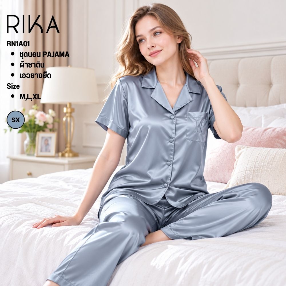 RIKA RN1A01 ชุดนอนปาจามา (FV3029) SATIN ผ้าซาติน เนื้อนุ่ม (เสื้อ+กางเกงขายาว) ดีไซน์สวย ใส่สวย ให้สัมผัสที่เย็นสบาย NIGHTWEAR SLEEPWEAR - Image 8